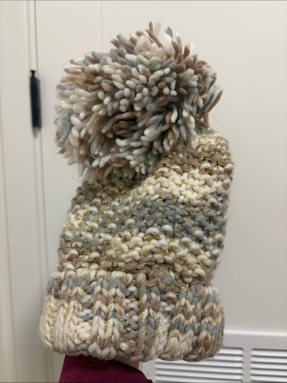 Chunky Pom Pom Knit Beanie - Multi Neutral